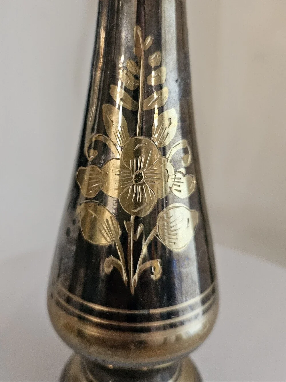 Vintage Brass Floral Etched Vase